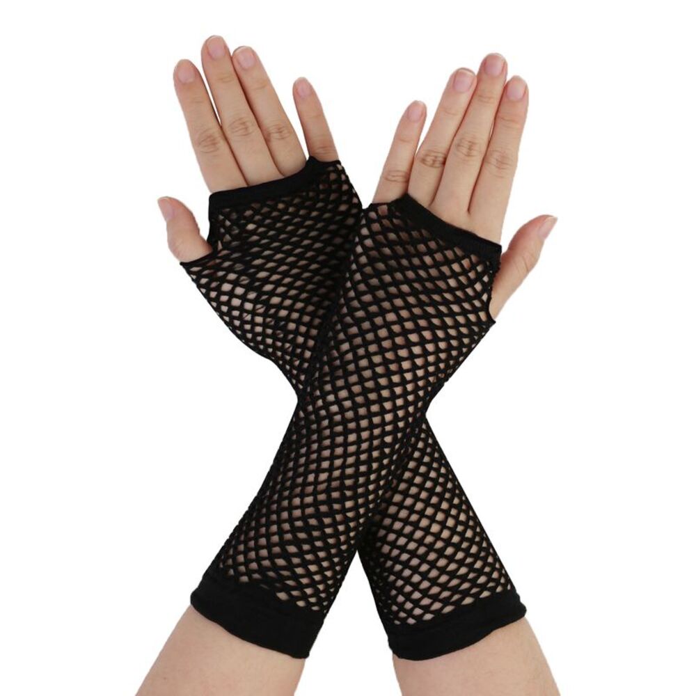 Pair Black Stretchy Mesh Fishnet Elbow Fingerless Goth Arm Warmers for Lady